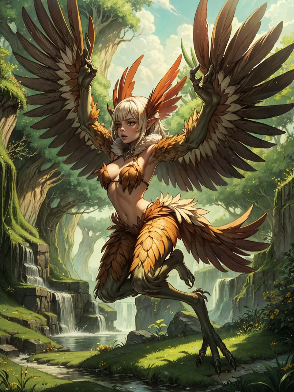 masterpiece, best quality, 1girl, (harpy:1.1), feathered wings, talons, fur, full body, outdoors,, fantasy, solo, monster ...